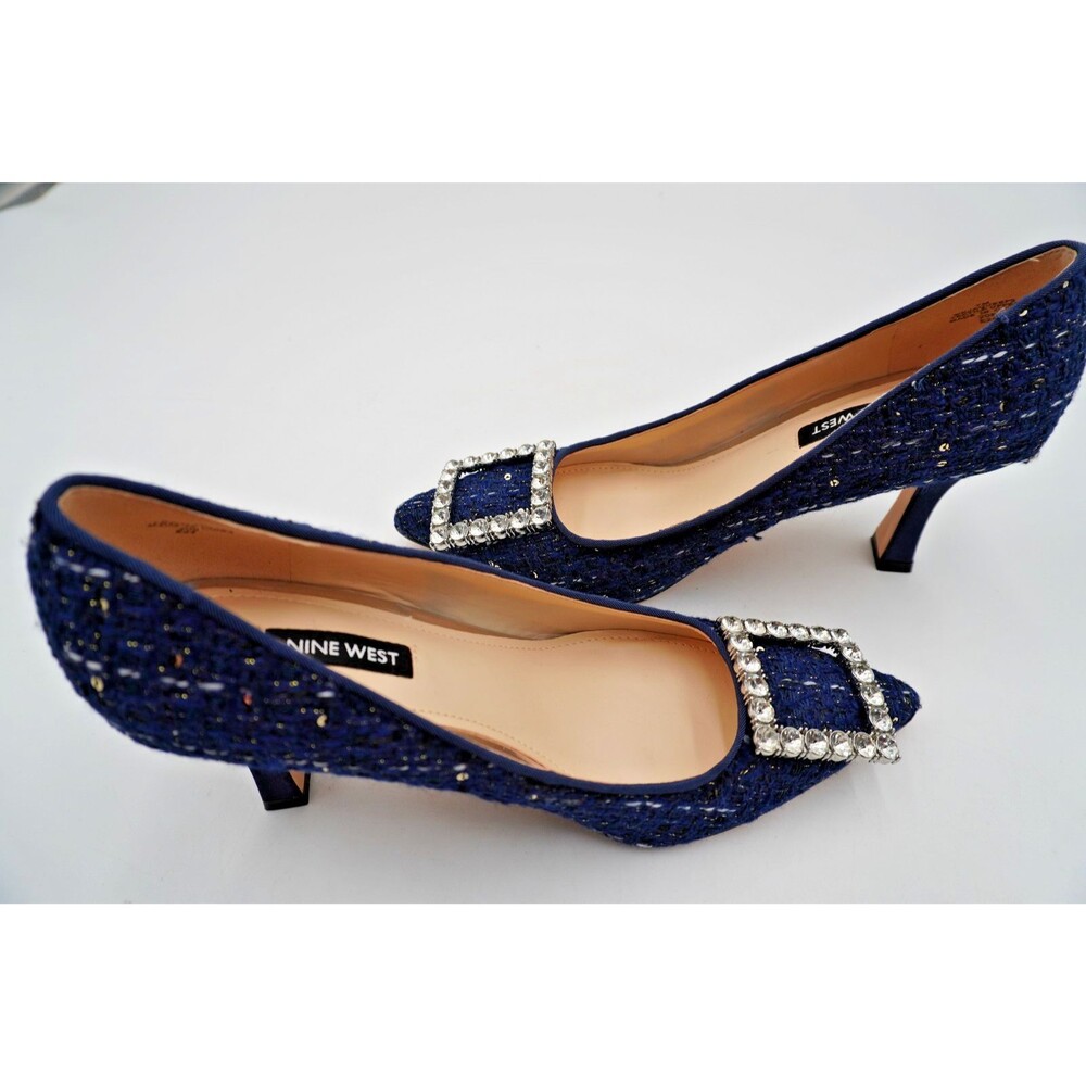 Nine West Womens Sz 7M Jaquee Dark Blue Tweed Embellished Buckle Toe Dress Pumps - Picture 6 of 11